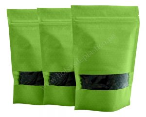 Bolsa de papel verde con rayas y ventana rectangular